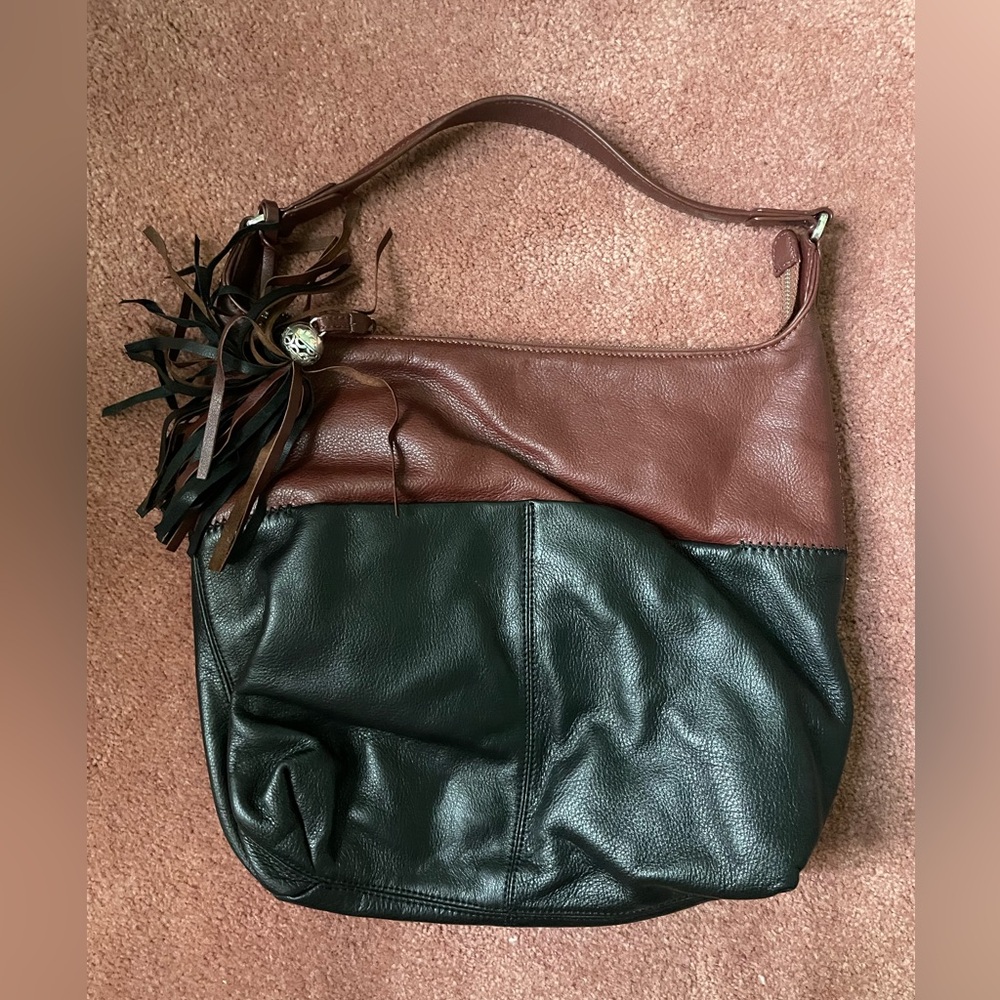 BRIGHTON LONDON HANDBAG BLACK/BROWN LEATHER TASSELED SHOULDER BAG HOBO PURSE